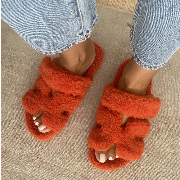 Hermes Orange Shearling Chypre Sandals Sz 40.5 - Picture 14 of 14